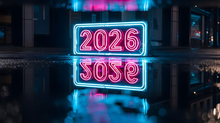 Pink neon 2026 sign with blue border reflecting in a puddle on a wet street at night. Clear detai...