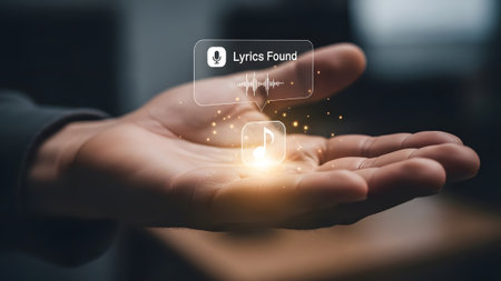 Hand holding a music app icon with a speech bubble indicating lyrics have been found. Clear detai...の写真素材