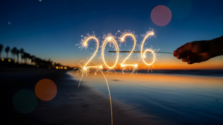 Hand holding sparkler writing 2026 on beach at sunset with palm trees and ocean Clear details and...