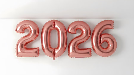 Rose gold foil balloons spelling out 2026 against a white wall. Clear details and vibrant colors ...