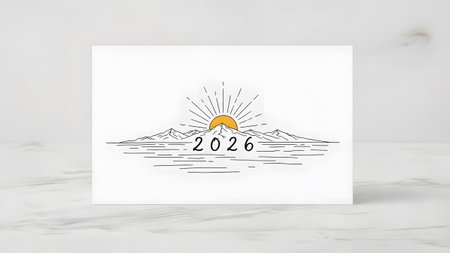 Line drawing of a sunrise over mountains with year 2026 and radiating light rays. Clear details a...