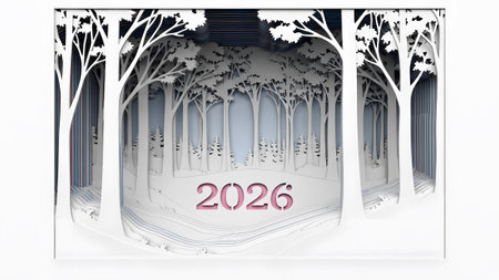 Layered paper forest scene with white trees and pink numbers 2026 on a blue background. Clear det...