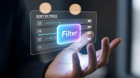 A hand holds a holographic filter interface showing price sorting options and percentages.