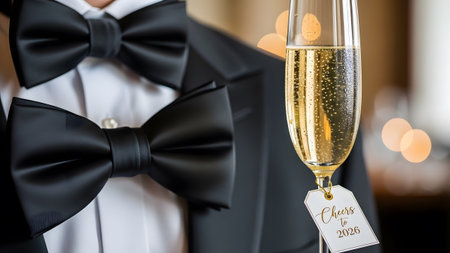 Two black bow ties on a tuxedo shirt with champagne glass and cheers to 2026 tag. Clear details a...