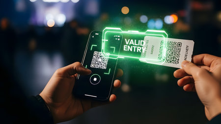 Hand holds smartphone and ticket, with a holographic VALID ENTRY gate overlaying the ticket.