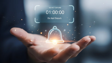 Hand holding a glowing bell with a Do Not Disturb notification and timer displayed digitally.の写真素材