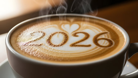 Steaming coffee cup with the year 2026 and a heart in latte art. Clear details and vibrant colors...の写真素材