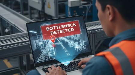 A worker uses a laptop to detect a bottleneck on a factory production line with a map overlay.