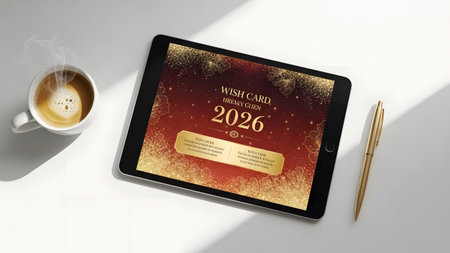 Tablet with a festive 2026 wish card display, coffee cup, and pen on a white surface. Clear detai...