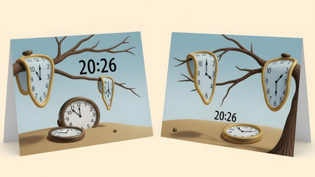 Two greeting cards are displayed, each featuring surreal melting clocks on tree branches and the...