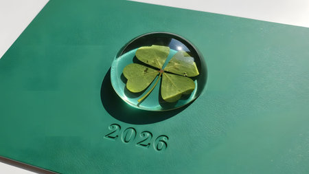 A green surface with an embossed 2026 and a four leaf clover in a glass dome Clear details and vi...