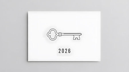 Minimalist illustration of an antique key with 2026 on a white background. Clear details and vibr...