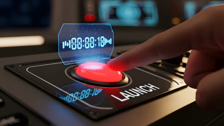 Finger presses illuminated red launch button with digital timer countdown display Clear details a...の写真素材