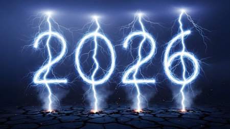 Lightning strikes forming numbers 2026 with sparks and smoke Clear details and vibrant colors enh...