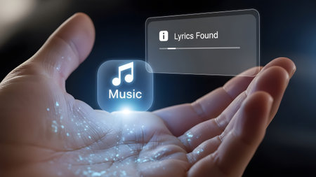 Hand holding a music app icon with a notification that lyrics have been found. Clear details and ...