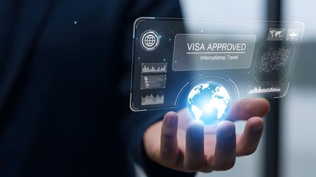 A futuristic interface displays approved status, travel info, and data charts on a hand.の写真素材