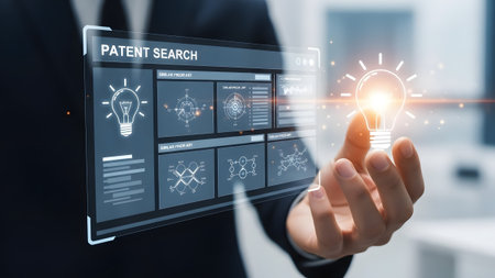 Hand holds a light bulb with a digital interface displaying 'PATENT SEARCH' and technical diagrams