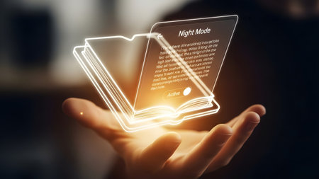 Digital showing hand holding glowing holographic open book with night mode text : book,...の写真素材