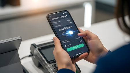Hands hold a smartphone displaying subscription payment confirmation with auto-renew option.
