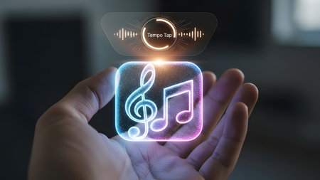 Hand holding a glowing music app icon with a tempo tap interface above it. Clear details and vibr...の写真素材