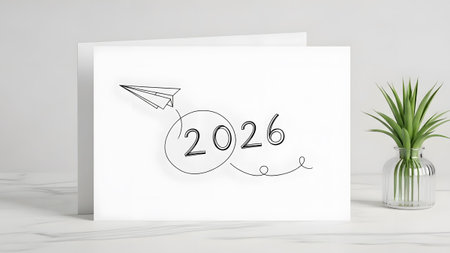 A white card with a paper airplane flying towards the year 2026, with a plant in a vase.
