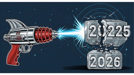 A retro ray gun blasts at 2025 blocks, shattering them to reveal 2026. Clear details and vibrant ...