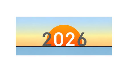 The year 2026 is depicted with a sun rising over a calm blue water and a gradient sky. Clear deta...