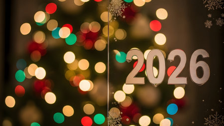 Blurred Christmas lights and snowflakes with the year 2026 prominently displayed Clear details an...