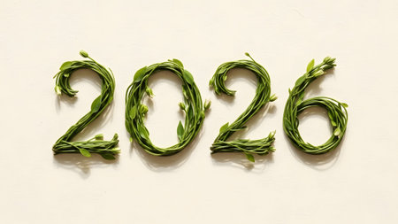 The number 2026 is formed from green vines and leaves on a light background. Clear details and vi...