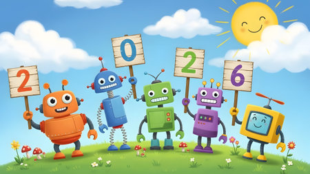 Five colorful cartoon robots hold signs displaying the numbers 2026. Clear details and vibrant co...