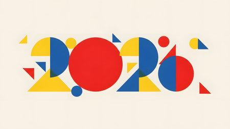 The year 2026 is depicted using bold geometric shapes in primary colors on a light background.