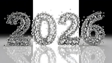 3D numbers 2026 made of transparent water bubbles on a split white and black background.
