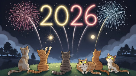 Cats sit on a grassy hill at night watching colorful fireworks for 2026. Clear details and vibran...
