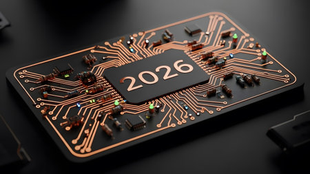 The year 2026 is displayed on a dark circuit board with glowing lights and copper traces.の写真素材