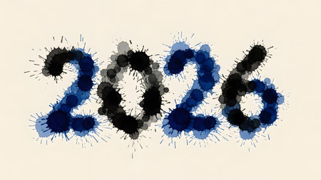 Blue and black ink splatters form the year 2026 on a cream-colored paper background. Clear detail...