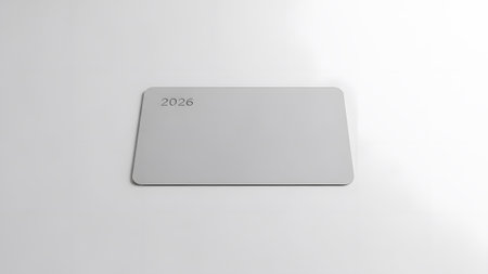 A blank grey card with rounded corners, showing the year 2026 on its surface. Clear details and v...