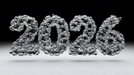 3D numbers 2026 formed from transparent water bubbles on a reflective white surface. Clear detail...