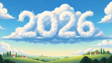 Cumulus clouds are shaped into the numbers of the year 2026, set against a bright sky over a...