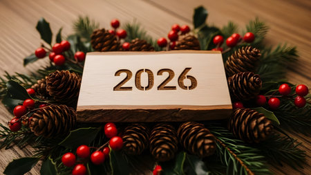 A wooden sign with 2026 is framed by a festive arrangement of pine branches, berries, and pine...