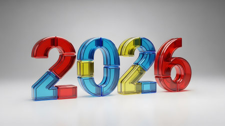 3D rendered numbers 2026 constructed from colorful red blue and yellow building blocks. Clear det...