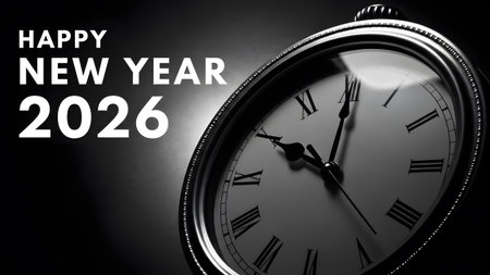Close up of an antique pocket watch with Roman numerals and Happy New Year 2026 text Clear detail...
