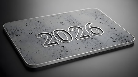 The year 2026 engraved on a dark, textured stone plaque with a metallic edge. Clear details and v...
