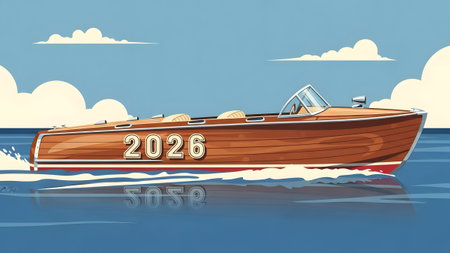 A wooden speedboat numbered 2026 moves through blue water under a cloudy sky. Clear details and v...