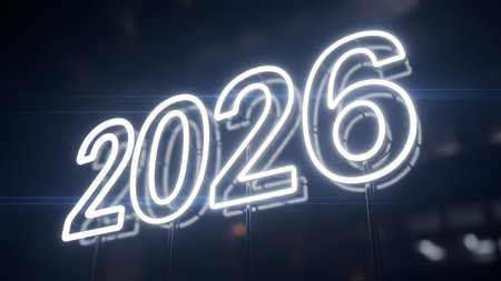 A white neon sign displaying the year 2026 glows brightly against a dark, moody background.