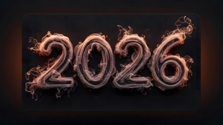 The numbers 2026 are formed by swirling orange and white smoke with a glowing effect on dark.
