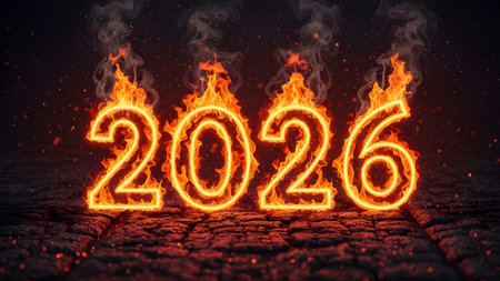 The numbers 2026 are on fire, set against cracked, fiery ground with glowing embers and sparks.の写真素材