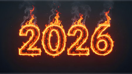 The numbers 2026 are depicted in bright orange flames with rising smoke against a dark background.