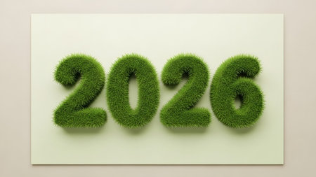 The numbers 2026 are formed from lush green grass, presented on a light, textured background.