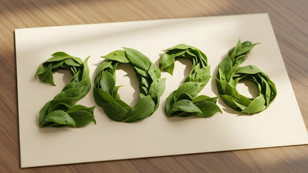 The numbers 2026 are crafted from vibrant green leaves on a light-colored surface. Clear details ...の写真素材