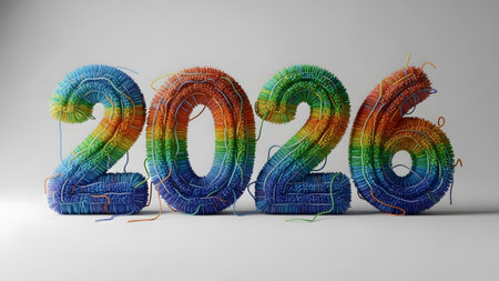 3D numbers 2026 constructed from vibrant rainbow-colored yarn strands with fuzzy texture.の写真素材